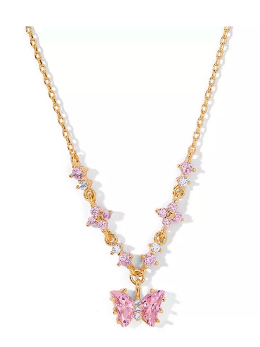 GIRLS CREW 18K Gold Plated Pink Faux Zirconia Flutter Love Butterfly Necklace